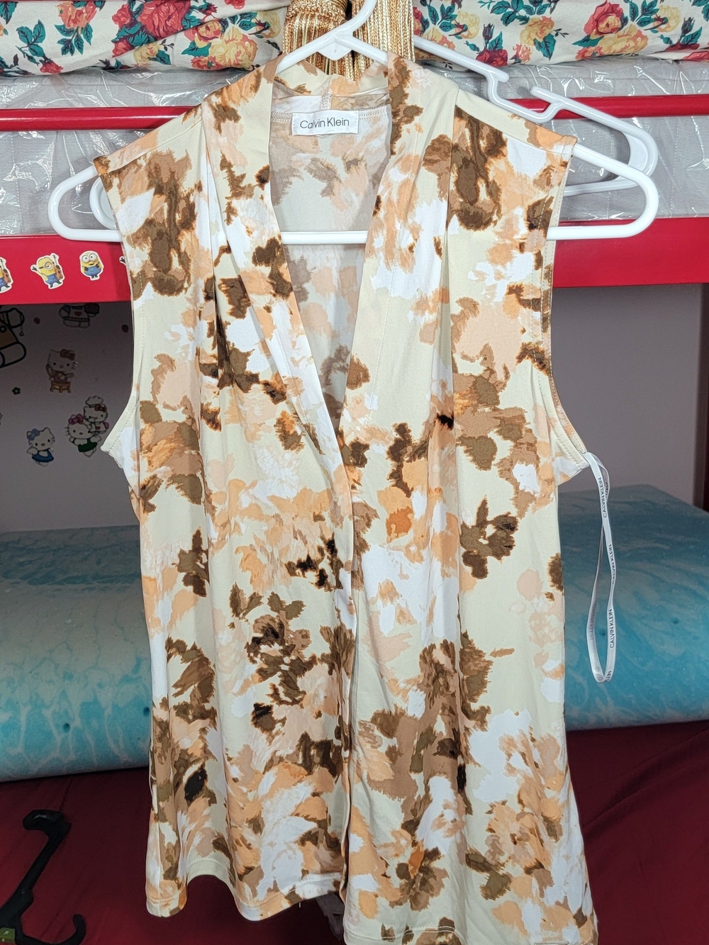 Calvin Klein Women's Sleeveless V-Neck Floral Print Top - Beige/Brown No size